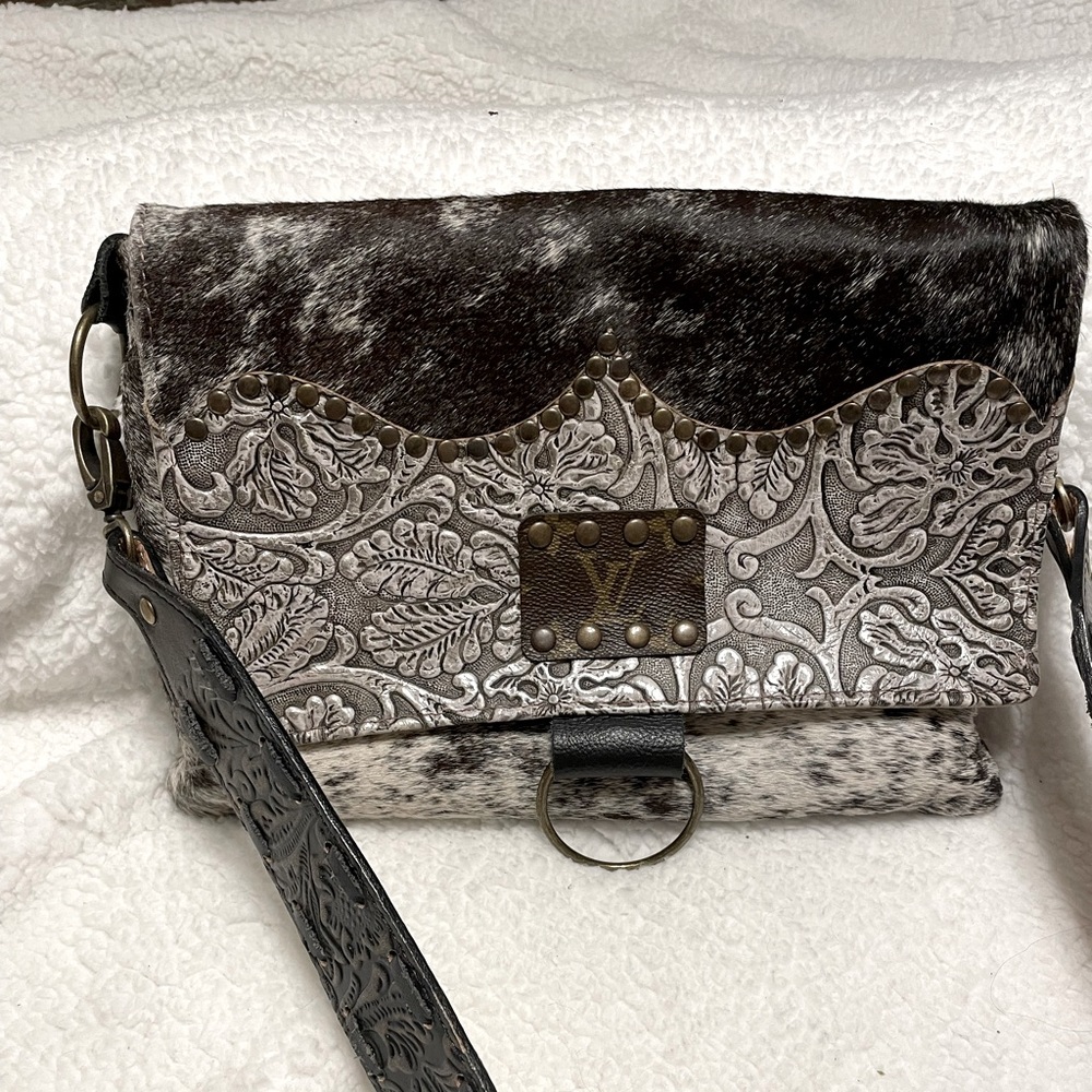Tooled Genuine Leather Purse. Black & white hair on hide w/ guitar strap